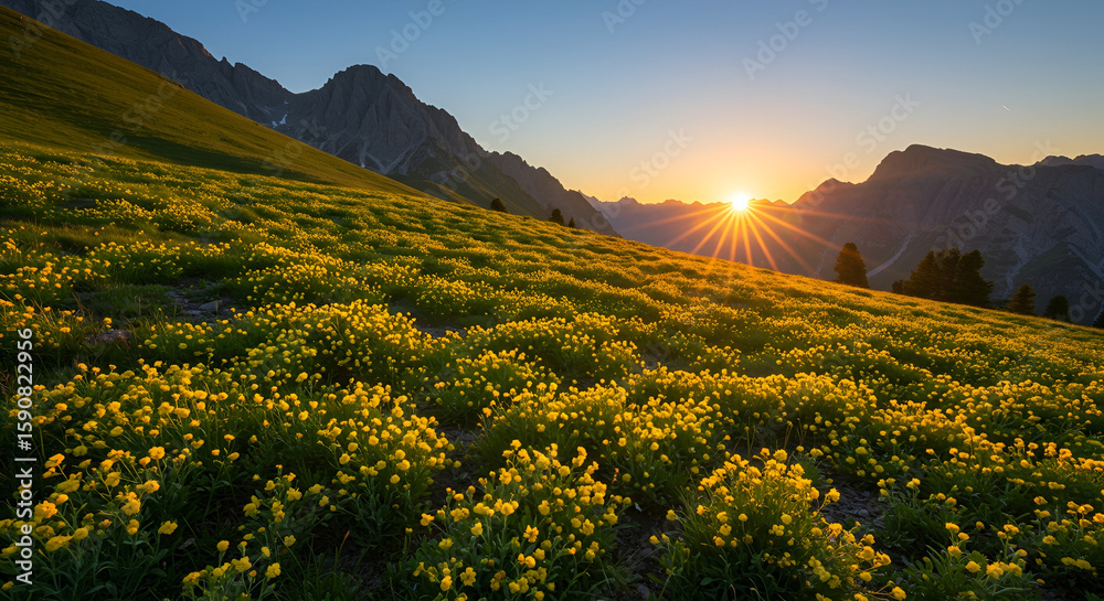 Fototapeta premium Carpet of small yellow flowers on mountain slope, sunrise view