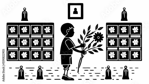 Illustration of a boy with a prosthetic leg holding flowers between two flower display cabinets silhouette