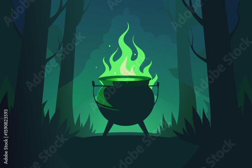 witchs lair with a magic glowing cauldron