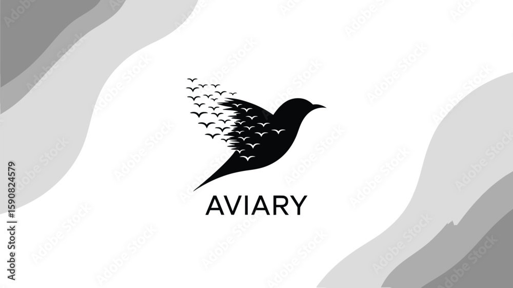 Fototapeta premium A stylized bird logo showcases freedom with smaller birds forming its wing against a soft, wavy background.