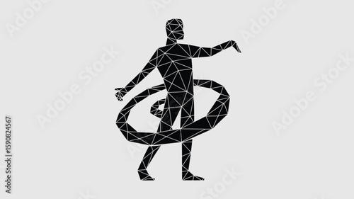 Geometric low poly design showcases a gymnast with a hoop in a modern minimalist style silhouette against a neutral background.