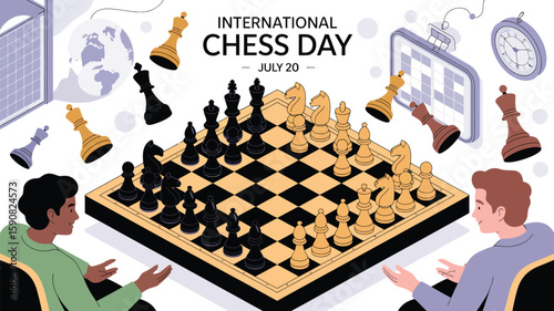 Celebrating International Chess Day on July 20 with a vibrant illustration of a chess game in progress between two players.