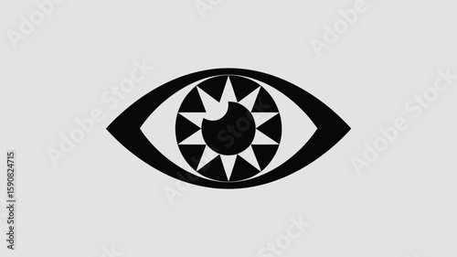Stylized black eye symbol with starburst iris against a light background offers a striking graphic element for design projects.