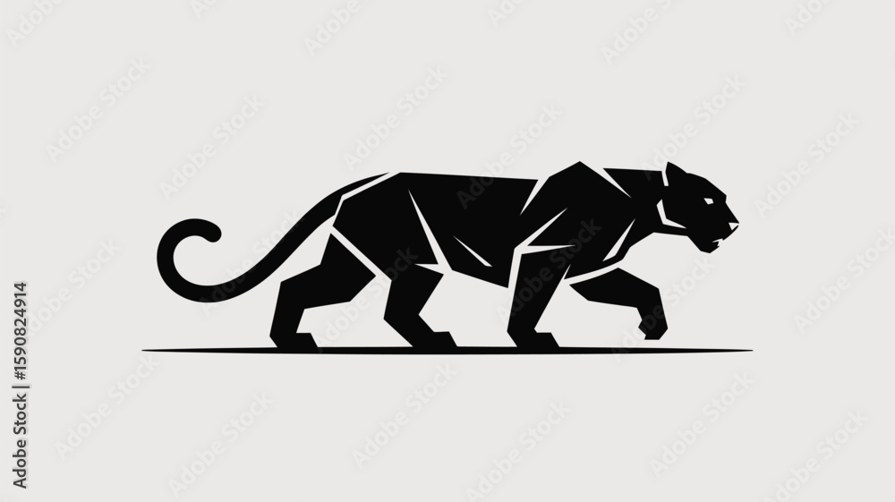 Obraz premium Geometric panther illustration presents a sleek, polygonal design in black against a neutral backdrop, perfect for modern and minimalist graphic applications.