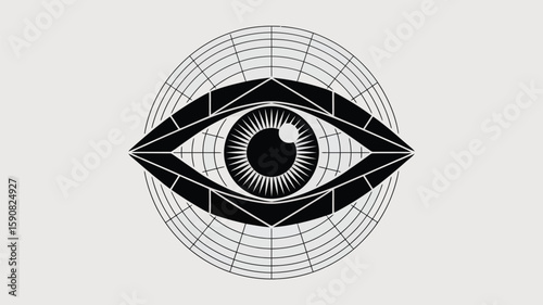 Graphic eye design features a geometric shape inside a circle, conveying vision, perception, and awareness with black shapes on a bright background.