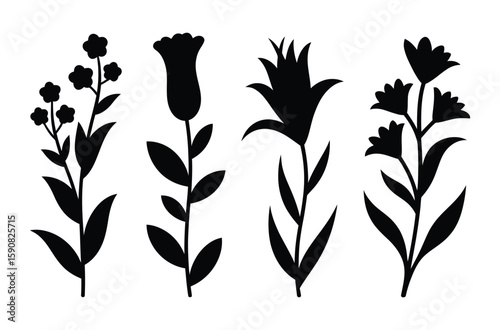 Set of Four Black Floral Silhouettes, Botanical Flowers Vector Collection
