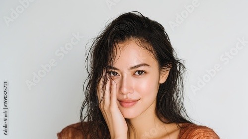 Smiling woman with wet hair poses playfully against a light background during a relaxed indoor setting.