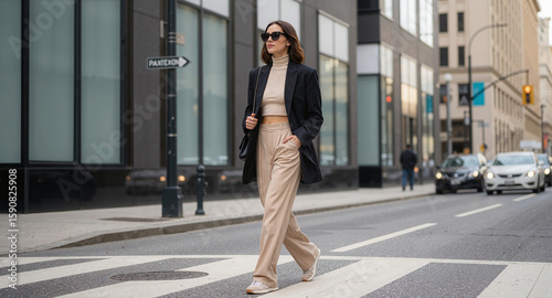 Stylish woman in a blazer and trousers confidently strides across a crosswalk in the city, showcasing chic urban fashion with sunglasses.
