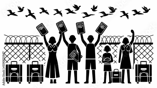 Silhouette illustration depicting refugees behind a fence with birds flying overhead and luggage nearby