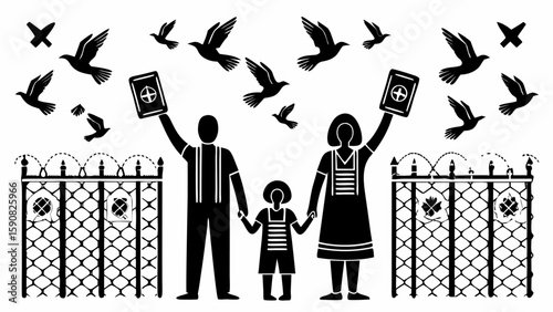 Black and white illustration of family holding documents near fence with birds flying above them freely silhouette