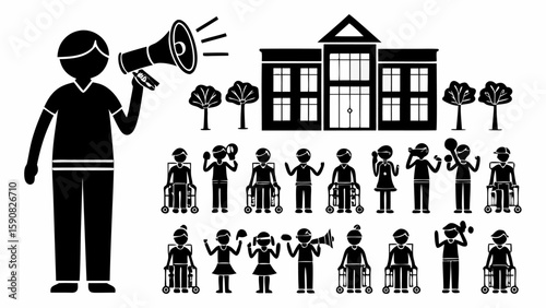 Silhouette illustration of a man with megaphone, school building and group of students in wheelchairs