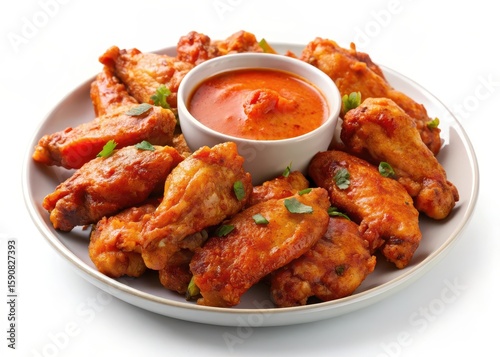 Spicy buffalo chicken wings on plate with chili sauce bowl isolated on white background
