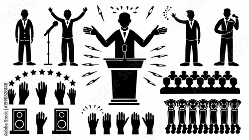 Illustration of a political rally with speakers podium audience and raised hands in black and white style silhouette
