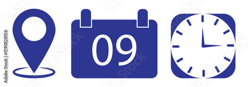 Time, date, location or place icons symbol. Time, date and address icon.  Clock, pin map location, and calendar signs set. Business schedule icons clock calendar. eps 10