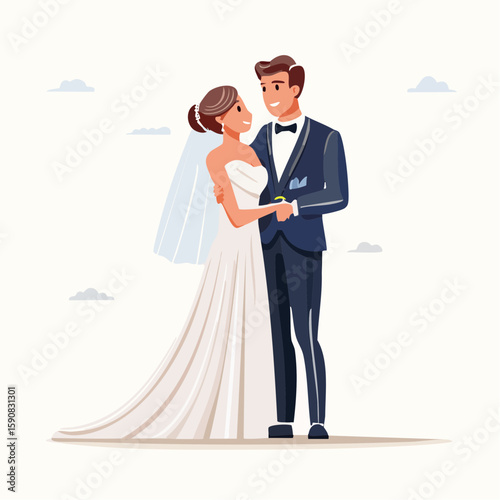 Elegant flat vector of bride and groom hugging, full-body view, groom in classic tuxedo and bride with updo and pearl accessories, plain white background