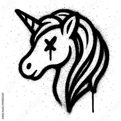 Isolated Black Graffiti Style Unicorn Head Illustration with X Eye