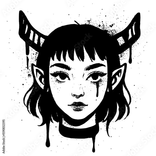 Isolated gothic character portrait with black ink splatters and horns