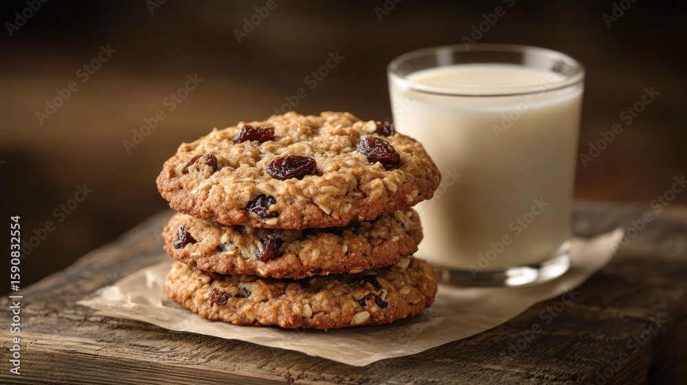 Stacked oatmeal raisin cookies beside a glass of milk Stacked oatmeal raisin cookies beside a glass of milk