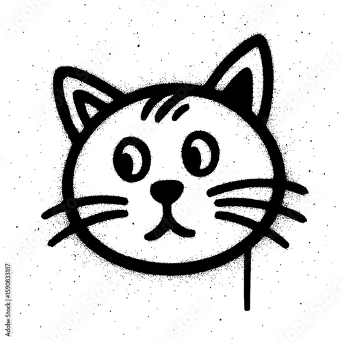 Isolated Graffiti Style Black and White Cartoon Cat Head