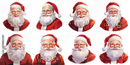 Multiple vector illustrations of delicately drawn Santa Clauses

