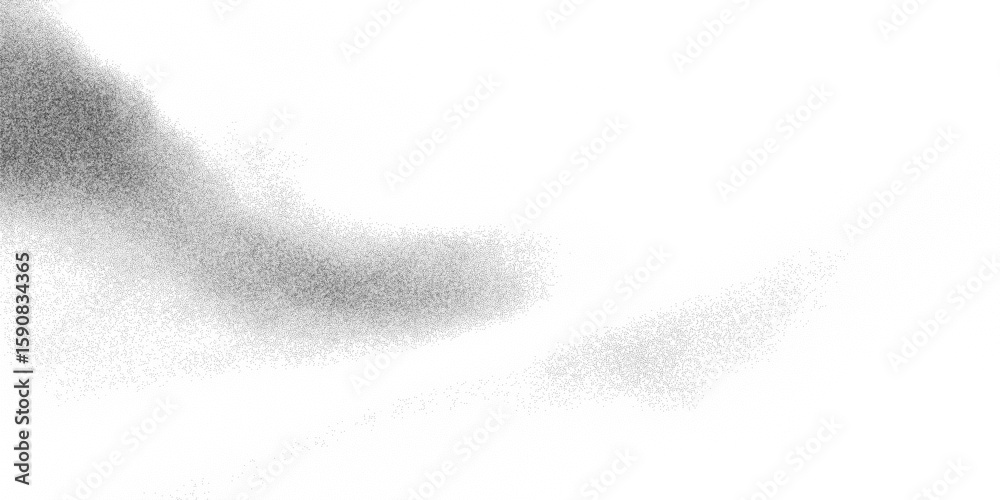 Dusty halftone gradient from black to white with abstract grain structure. Soft monochrome texture with photocopy noise and blurred stipple effect. Vector illustration