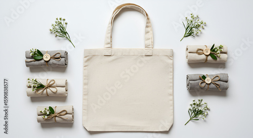 Blank canvas tote bag surrounded by rolled fabric and small white flowers, showcasing eco-friendly products.