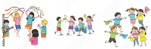 Three lively scenes of diverse children enjoying various playful activities: cheerfully dancing with colorful ribbons and playing guitar, joyfully splashing water with buckets, and enthusiastically 