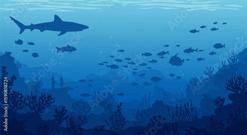 Expansive Underwater Ocean Scene with Silhouetted Marine Life, Coral, and Shark in Monochromatic Blue – Flat Vector Illustration