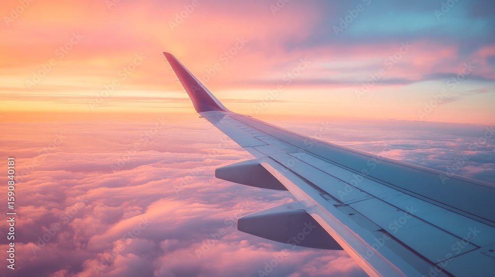 Obraz premium Airplane wing in close-up, against a beautiful sky, generative ai