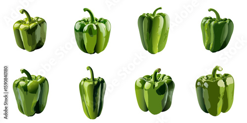 Multiple vector illustrations of delicately drawn green bell peppers

