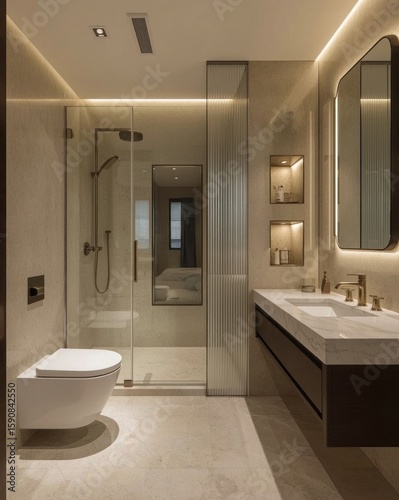 Modern minimalist bathroom interior design with beige tiles, glass shower enclosure, and illuminated vanity mirror