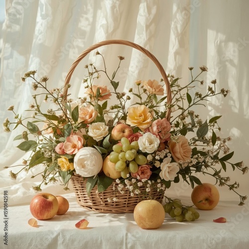 Rustic Wicker Basket Arrangement with Peach Roses, Apples, and Grapes on White Table