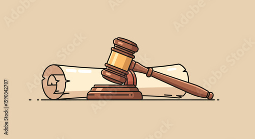 Illustration Vector of Judge Gavel and Scroll in Minimalist Brown Tones for Legal Design
