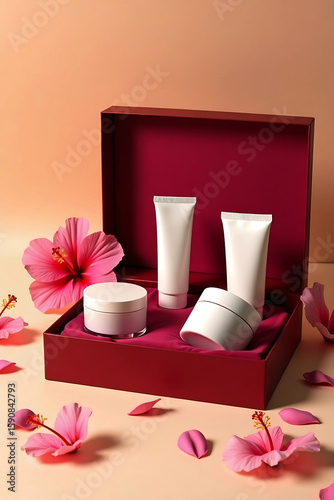 Luxury skincare gift set with serum dropper bottle cream jar and tube nestled in satin lining with green leaves