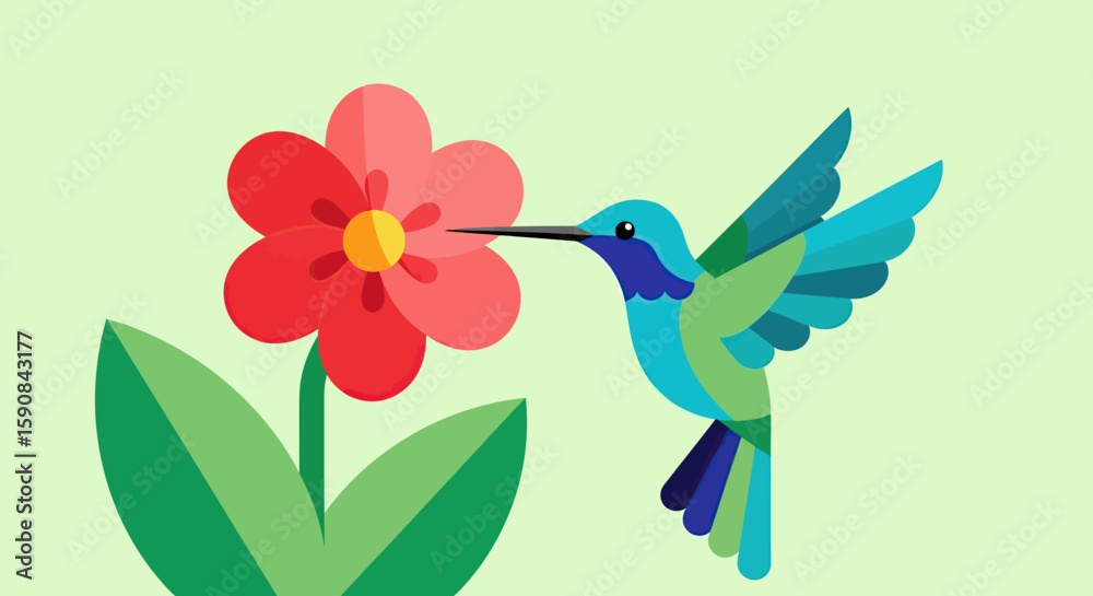 Obraz premium Minimalist Hummingbird Vector Illustration with Red Flower and Green Leaves in Flat Style