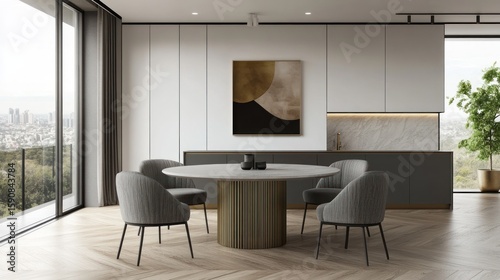 Modern dining area with city views.