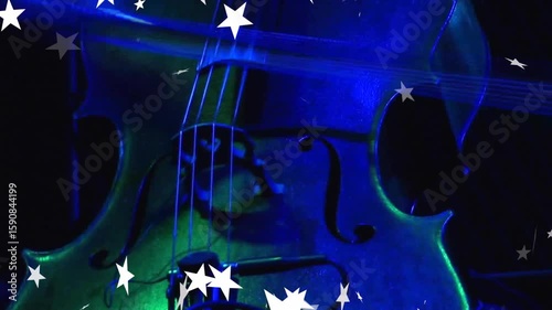 Starting with purple-lit cello body, stars drifting, hues shifting red, bow gliding revealing music