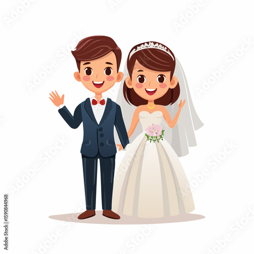 Cute cartoon vector of a newlywed couple waving, groom in blue suit, bride in puff-sleeve gown, standing together on a white background