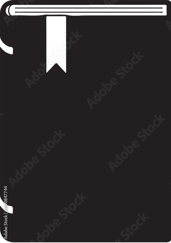 Simple black and white depiction of a closed book with a white bookmark sticking out from the top as a convenient way to mark one's place