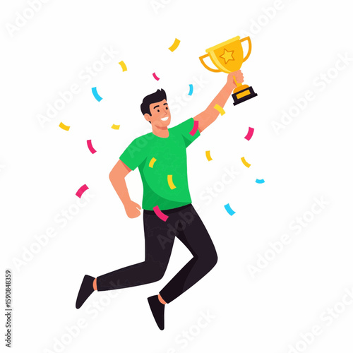 Digital Marketer Celebrating Ad Campaign Success with Trophy – Flat Vector