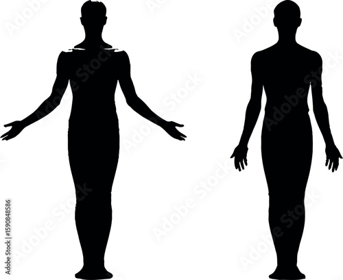 Two human figures in black silhouette with arms outstretched silhouette