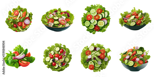 Multiple vector illustrations of deliciously drawn salads

