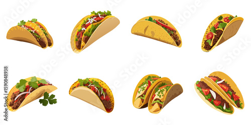Multiple vector illustrations of deliciously drawn tacos

