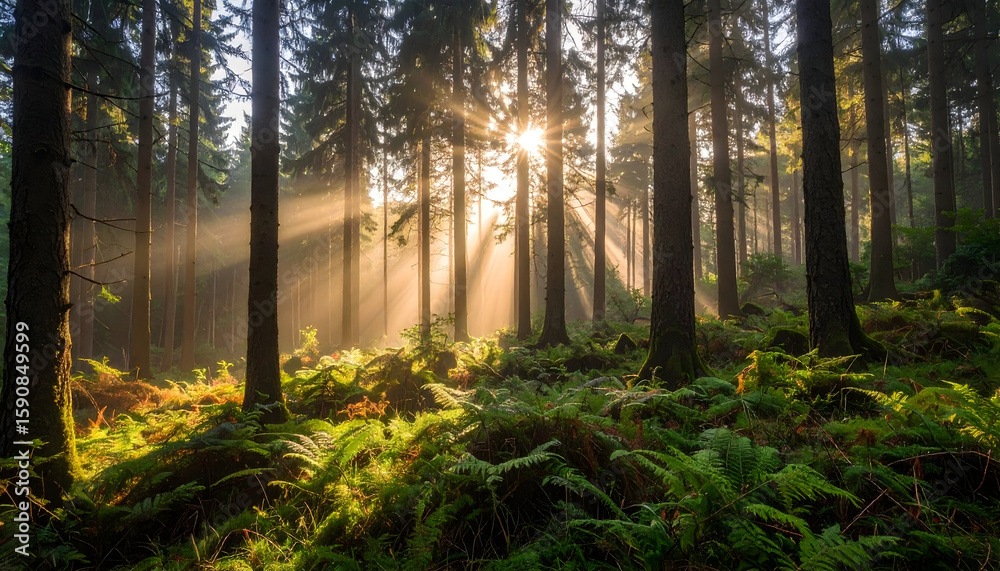 Obraz premium Sunbeams Through Forest Trees at Sunrise