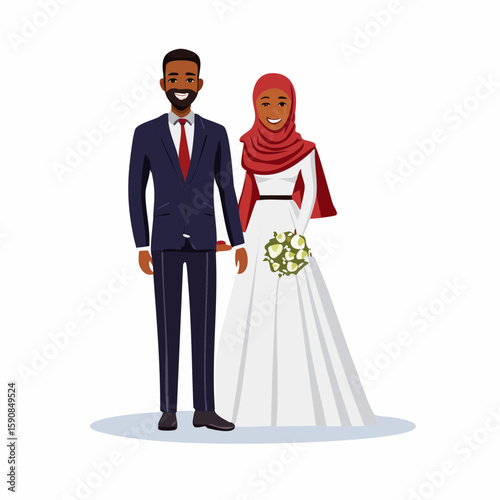 Full-body vector illustration of a multicultural wedding couple, bride in hijab with white gown, groom in modern black suit, isolated on plain white background