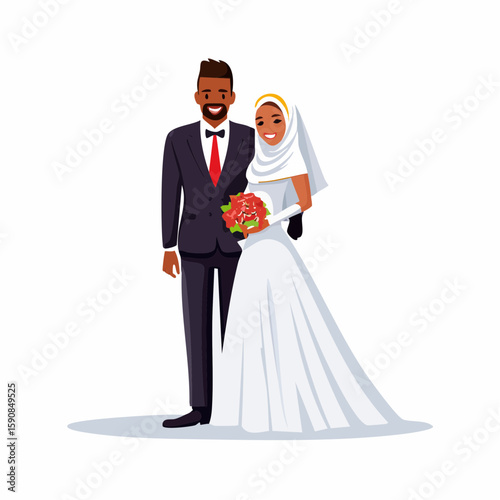 Full-body vector illustration of a multicultural wedding couple, bride in hijab with white gown, groom in modern black suit, isolated on plain white background