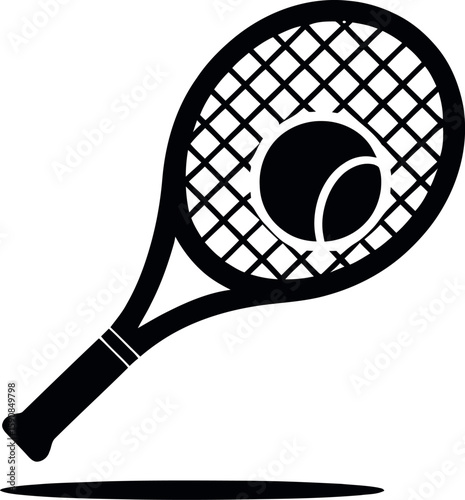 Tennis racket and ball striking motion silhouette on white background