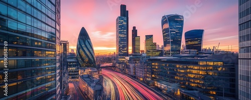 City skyline at sunrise with illuminated modern skyscrapers.