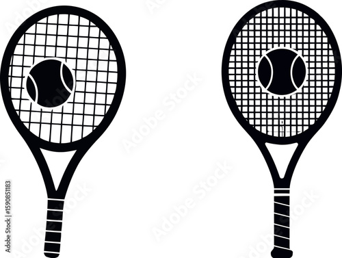 Two tennis rackets with tennis balls isolated on white background silhouette