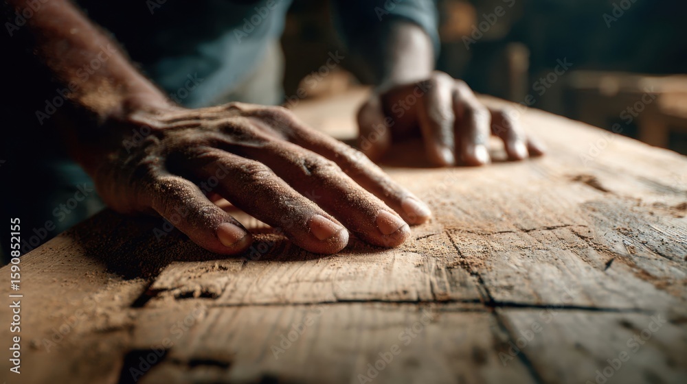 Hands carefully inspecting and smoothing a rough wooden plank on a workbench in a woodworking environment. Hands carefully inspecting and smoothing a rough wooden plank on a workbench in a woodworking environment.